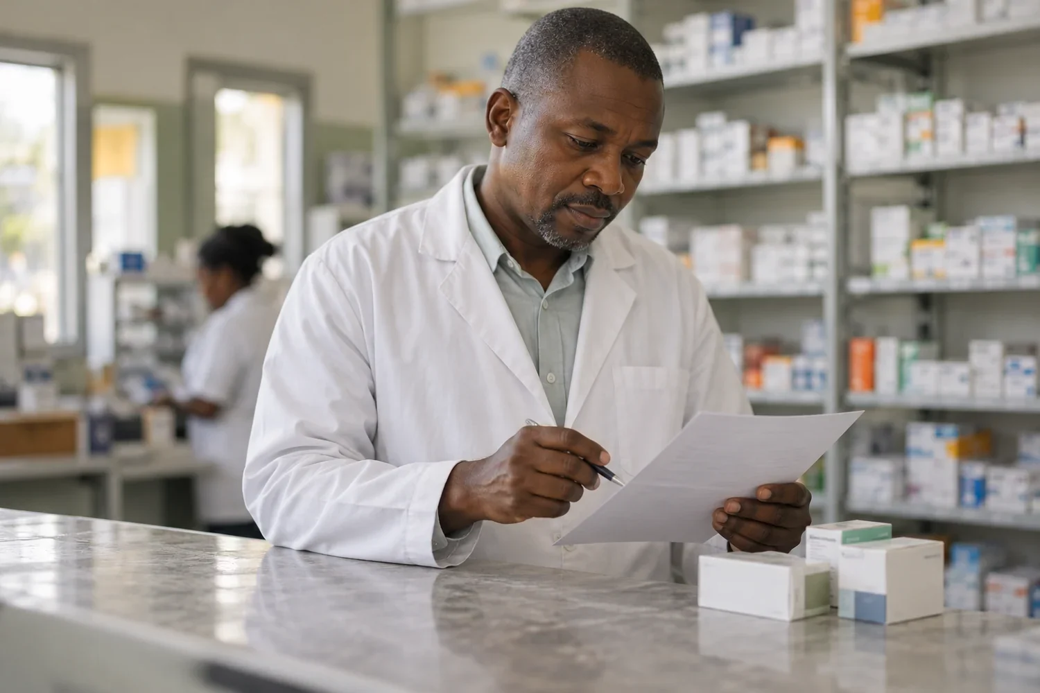 Un pharmacien relit la liste des médicaments d'un patient.