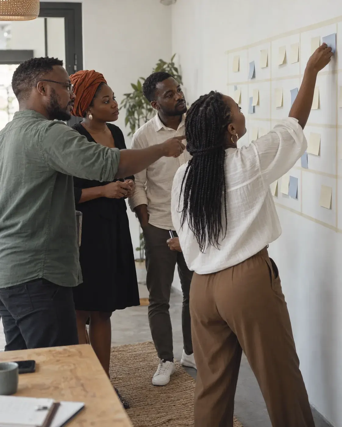 Quatre personnes devant un mur de notes ; une femme place une note dans la grille.