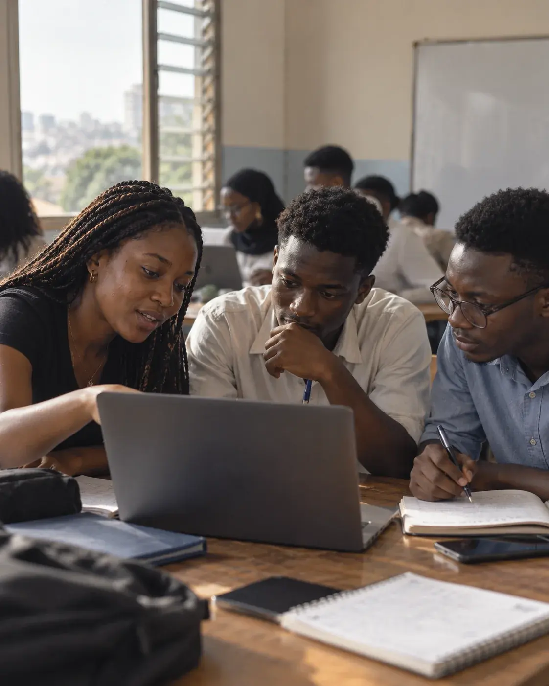 Trois jeunes penchés sur un ordinateur portable ; l'une explique, les deux autres prennent des notes.