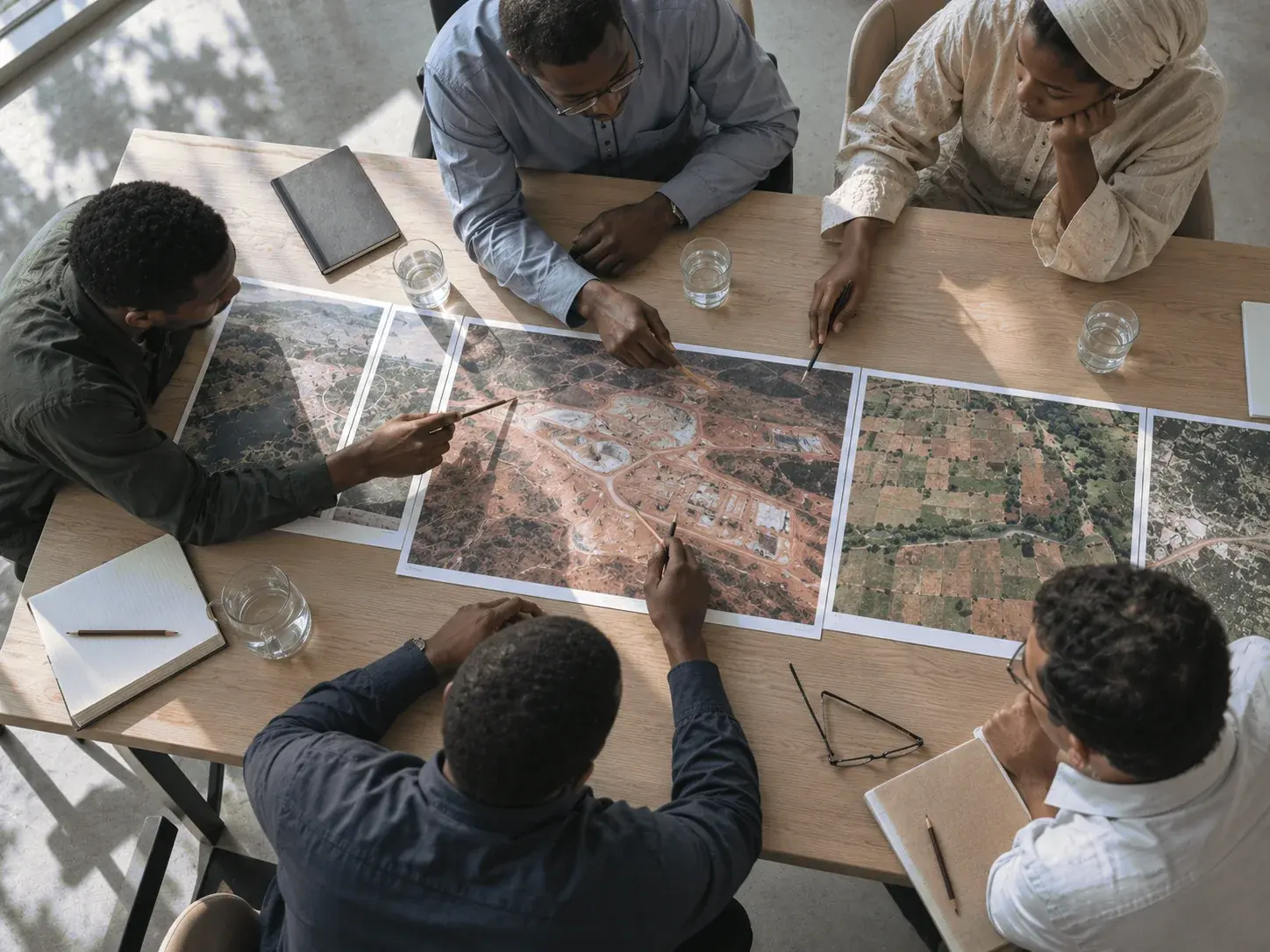 Vu du dessus, quatre personnes autour d'une table étudient des vues aériennes d'un chantier et de parcelles.